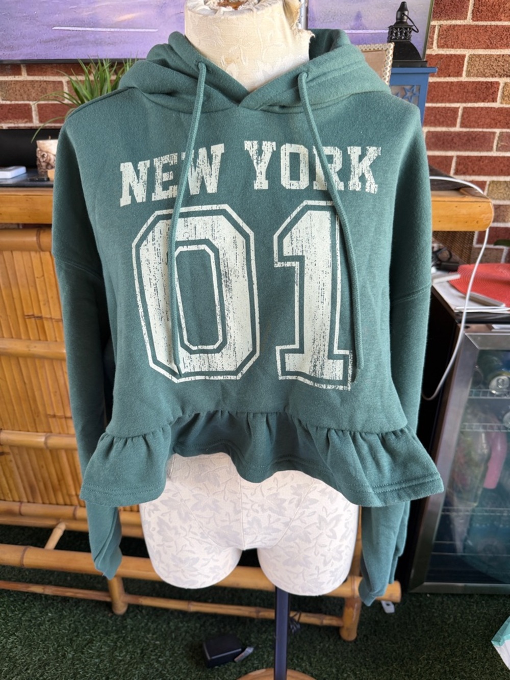 Goodie Two Sleeves Green "New York 01" Ruffle Hem Hoodie